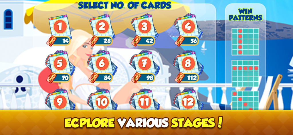 Bingo Bay - Play Bingo Games - Interfaz del juego Bingo Bay que muestra opciones para seleccionar hasta 12 tarjetas de bingo y una guía de patrones de victoria sobre un fondo de resort tropical.