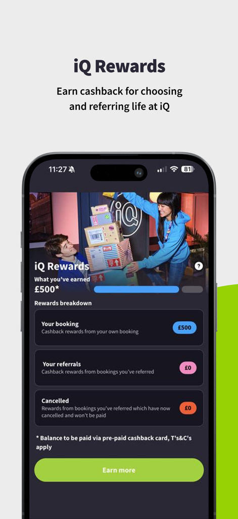 iQ Student Accommodation - A mobile screen showing the iQ Rewards section where students can track cashback from bookings and referrals