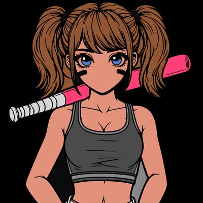 a realistic girl with two pony tails she has a crop top and a baseball bat or her shoulders