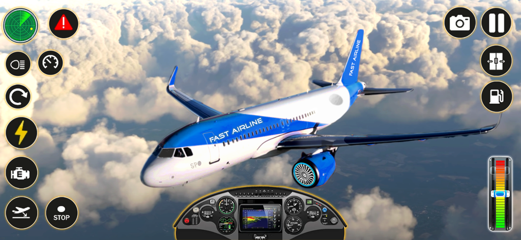 City Pilot Airport Game Flight - A 3D commercial airplane flying through white clouds with a cockpit dashboard and game control icons.