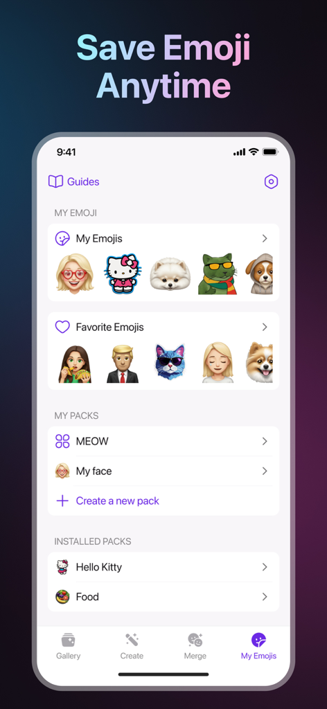 AI Emoji Maker - Merge Emoji - Interface of the AI Emoji Maker app showing saved and favorite custom emojis
