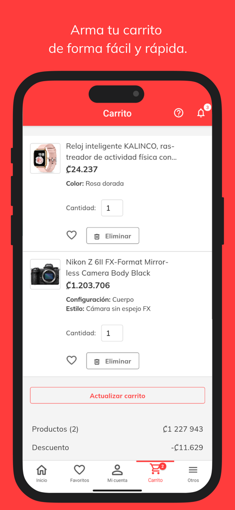 Tiendamia - Tiendamia mobile app shopping cart showing a smartwatch and digital camera.