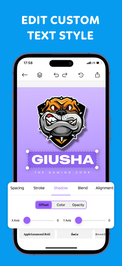 Logo Maker : Flyer Maker - Mobile app interface for customizing logo text styles including shadow offset and font selection