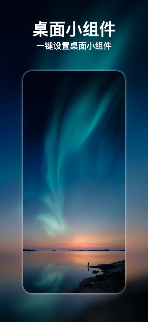 壁纸大全 : 精选超高清手机壁纸库 - Wallpaper Master app screen showing desktop widget feature with an aurora borealis background