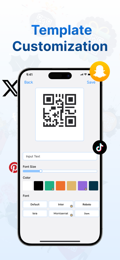 QR Maker: QR Creator & Scanner - Interface of the QR Maker app showing options to customize QR code templates with different fonts and colors