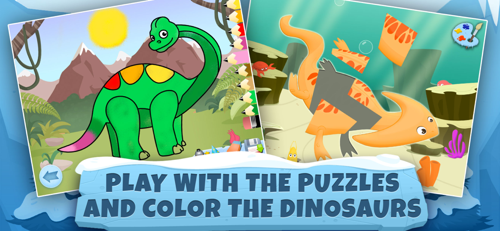 Dinosaur Coloring Game Ice Age - Screenshot di un gioco educativo sui dinosauri che mostra una schermata di colorazione con un brachiosauro verde e una schermata di puzzle con un dinosauro arancione