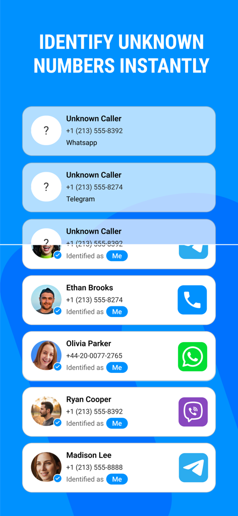 Me App-Oberfläche, die den Prozess der Identifizierung unbekannter Nummern mit Namen und Profilfotos zeigt