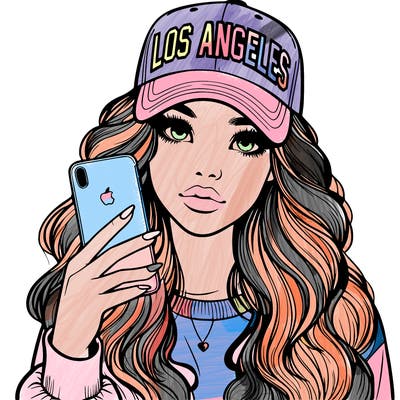 realistic beautiful girl wearing los ángeles cap holding an iphone