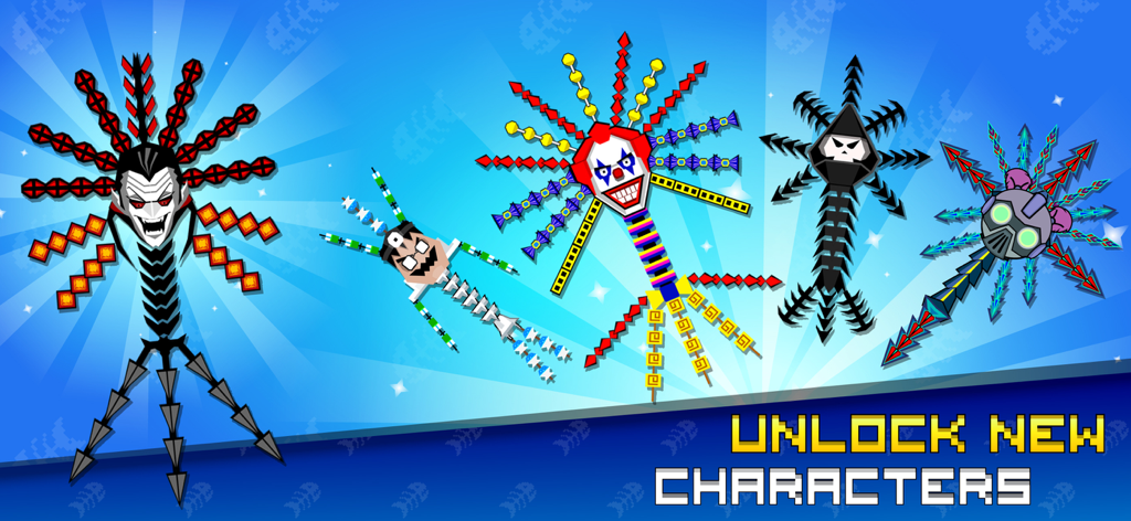 A variety of colorful pixel art character skins available to unlock in the Pixel Sword Fish io mobile game.