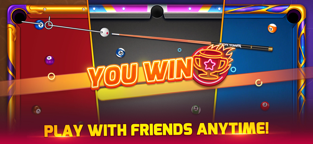 Billiards Party - Victory screen of Billiards Party mobile game showing a trophy and text saying You Win and Play With Friends Anytime over colorful pool tables