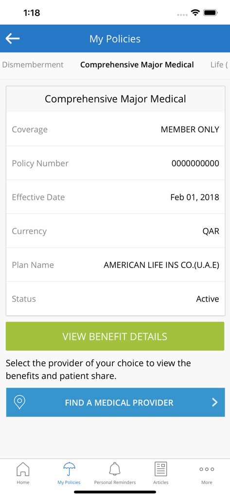 mymetlife gulf app screen displaying comprehensive major medical policy status and details