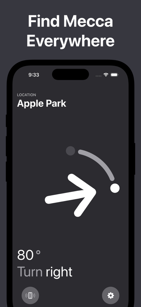 Qibla-Kompass-App zeigt einen minimalistischen Navigationspfeil und die Anweisung, rechts abzubiegen, um Mekka zu finden