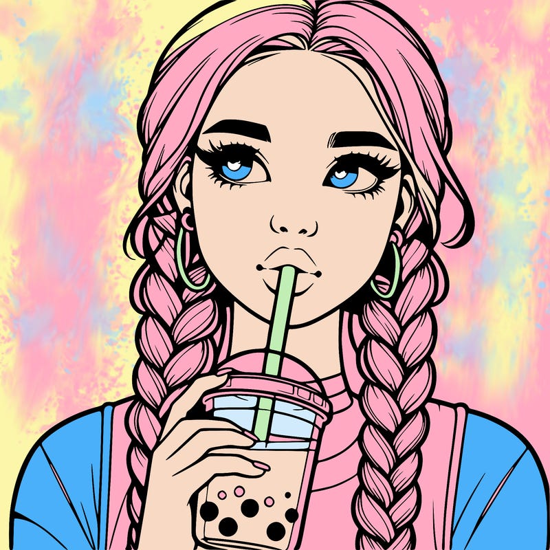 realistic girl with braided hair drinking boba