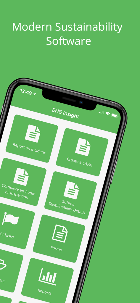 Mobile Benutzeroberfläche der EHS Insight-App mit Optionen für Vorfallberichte, Audits und Nachhaltigkeitsmanagement