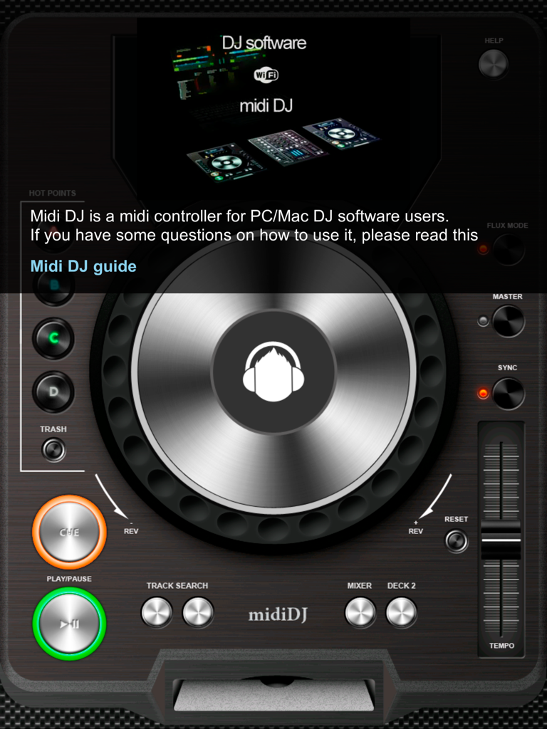 Midi DJ - Midi DJ app deck interface showing a jog wheel and professional mixing controls on an iPad screen