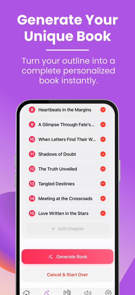 Interface of the BookAI app showing a table of contents and a button to generate a complete personalized book.