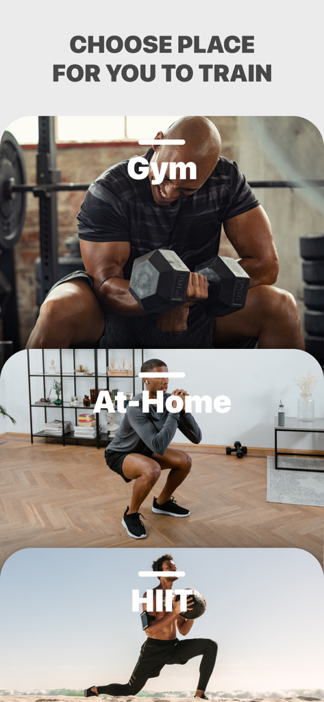 Interface showing training location options for gym at home and HIIT workouts