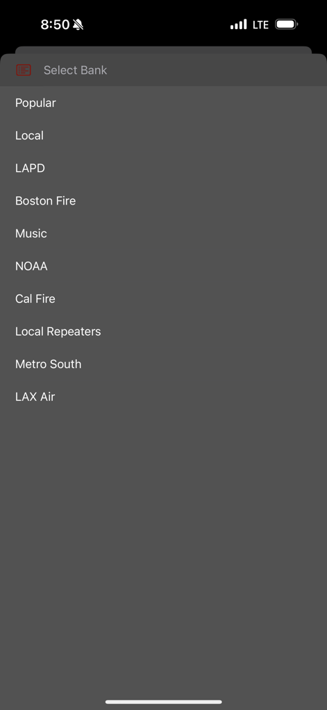 A menu in the Action Scanner app for selecting radio channel banks such as LAPD and Cal Fire