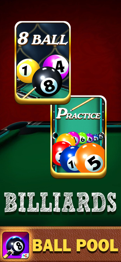 Billiards game interface featuring 8 ball and practice mode options with colorful billiard balls