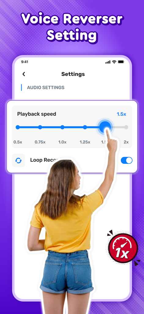 Voice Reverser app settings screen showing playback speed control and loop recording options