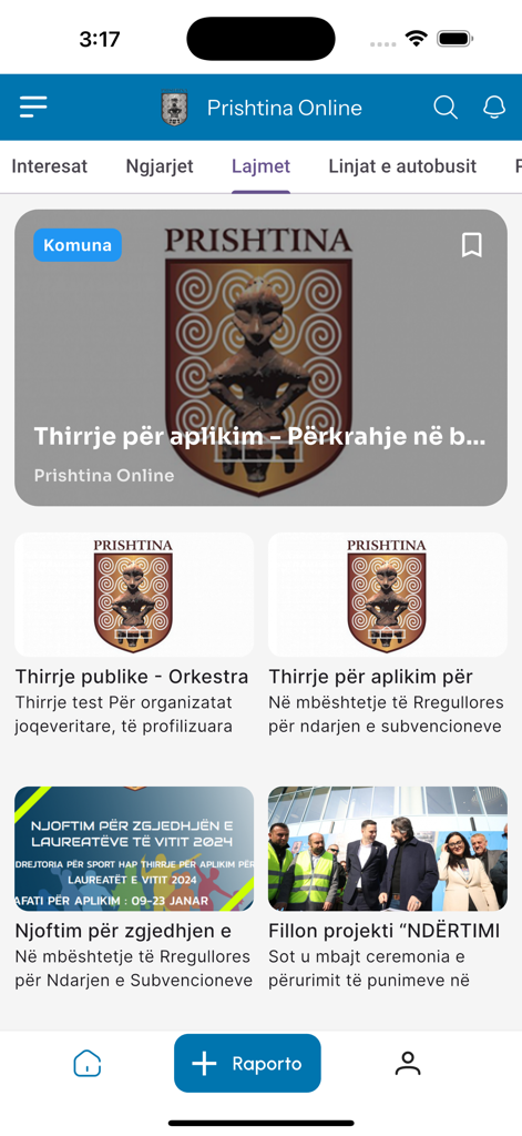 La sección de noticias de la app PrishtinaOnline mostrando anuncios y actualizaciones de la ciudad local