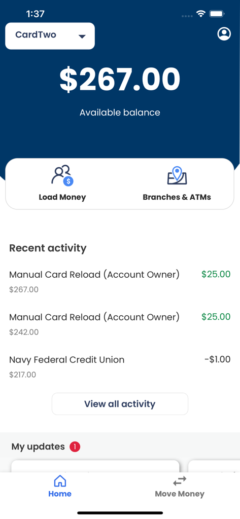 Navy Federal GO Prepaid app home screen showing available balance and recent activity
