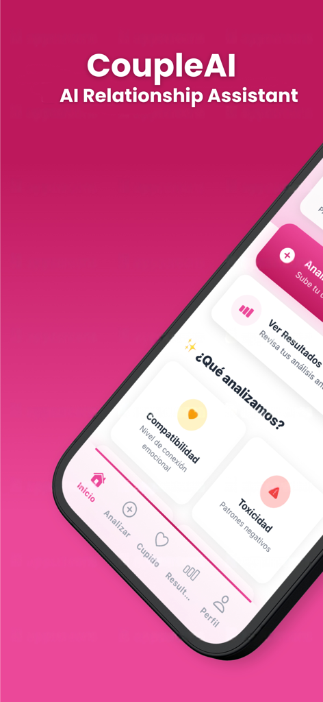 Interfaz de la aplicación CoupleAI mostrando funciones de análisis de relaciones como compatibilidad y comprobaciones de toxicidad