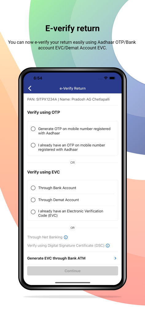 My I-tax - Aadhaar OTP 및 은행 계좌 EVC 선택 옵션이 있는 세금 신고서 전자 검증 화면