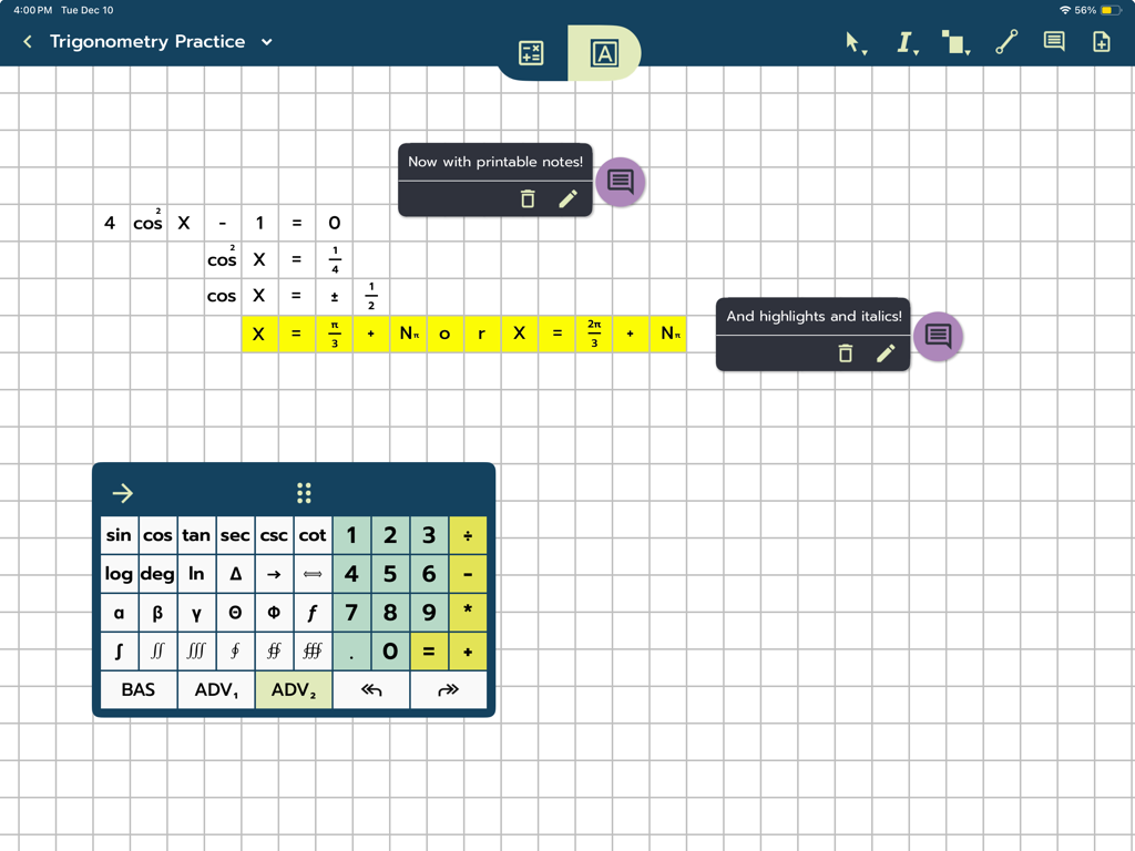 Modmath - Modmath app interface on an iPad showing trigonometry equations on digital graph paper with a specialized math keypad and text notes.