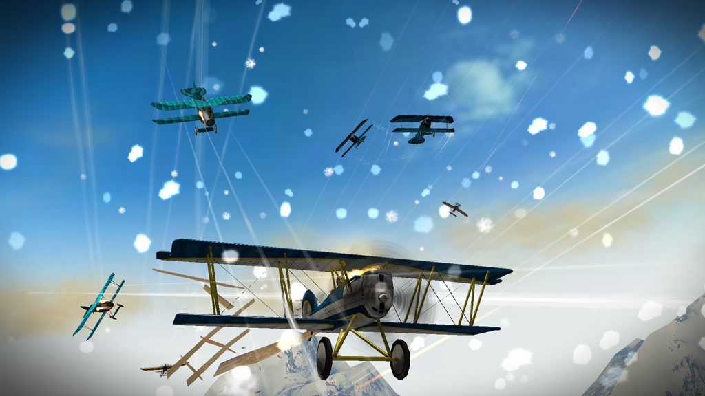 A group of WWI biplanes engaging in an aerial dogfight over a mountainous landscape.