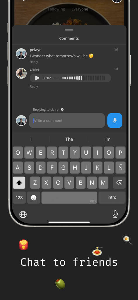 Mobile interface of the Supper Club app showing the chat and comments feature for food posts.