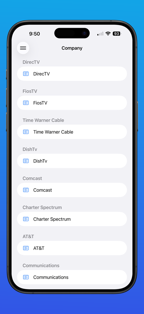 Smart TV Remote IP WIFI PRO - A list of compatible cable and TV providers including Comcast, DirecTV, and DishTV for remote pairing on an iPhone screen.