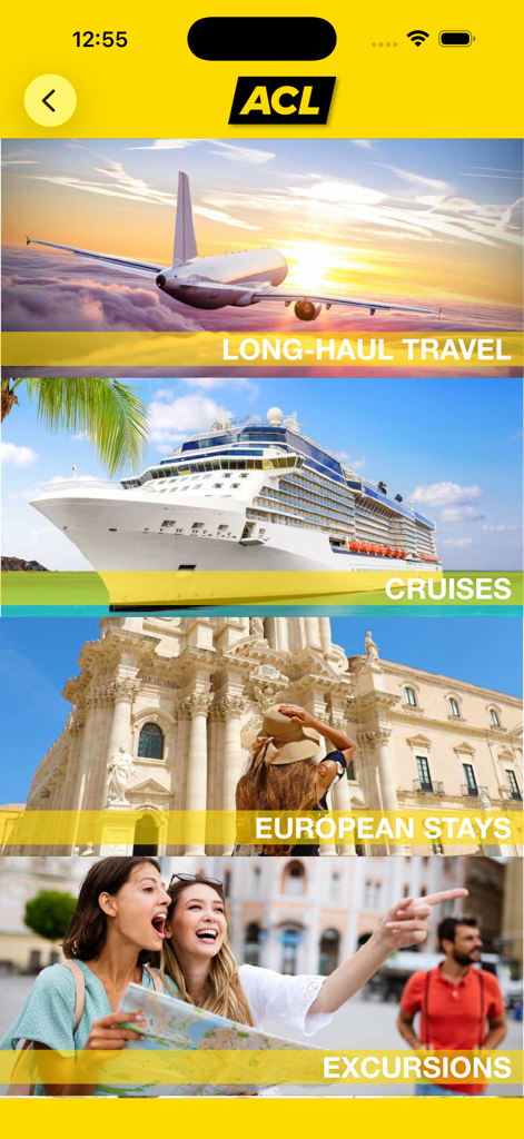 ACL App - Interface do aplicativo ACL exibindo opções de viagem para voos de longa distância, cruzeiros, estadias na Europa e excursões