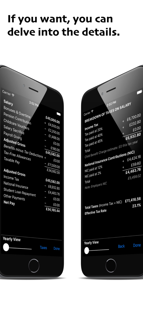 Vista detallada de las deducciones salariales y las bandas impositivas del Reino Unido en la interfaz de la aplicación