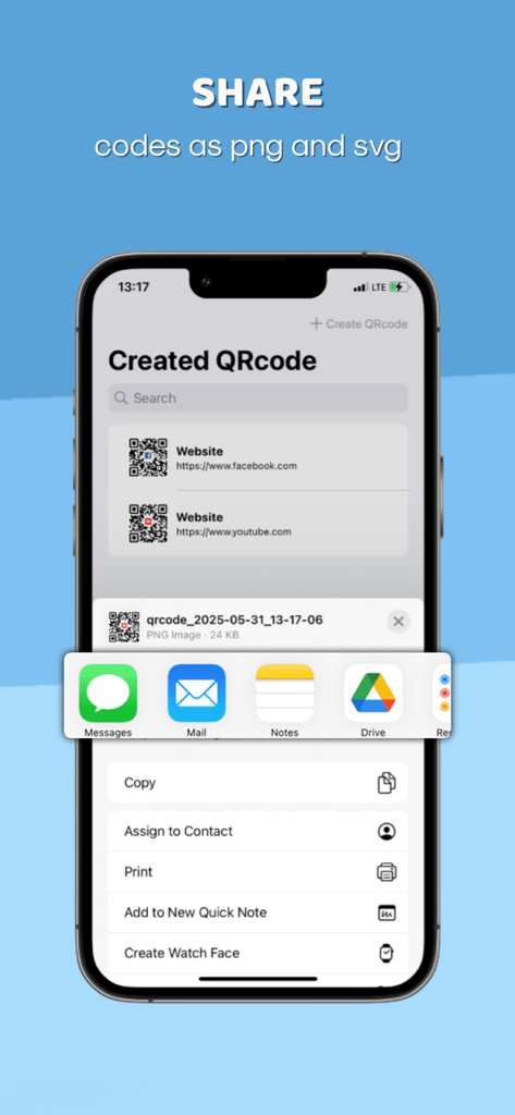 QR Reader* - Interface of the QR Reader app showing options to share generated QR codes as PNG or SVG files through the iOS share sheet.