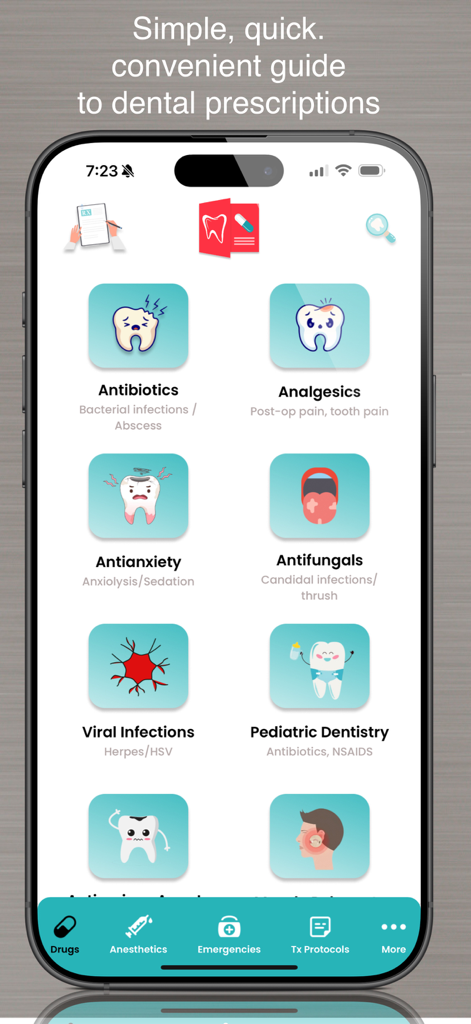 Schermata principale dell'app Dental Drugs che mostra categorie di farmaci dentali come antibiotici e analgesici.