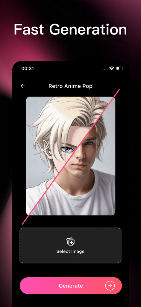Retro Anime Popエフェクトを使用して、実際のポートレートをレトロアニメキャラクターに変換しているLumaアプリのユーザーインターフェイス