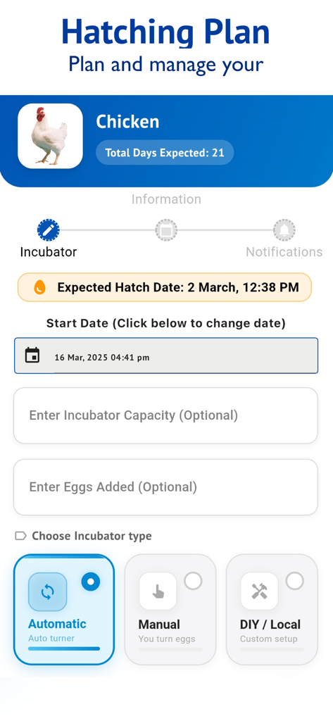 Egg Incubator & Hatch Manager - Hatching plan setup screen for chicken eggs with start date and incubator type options