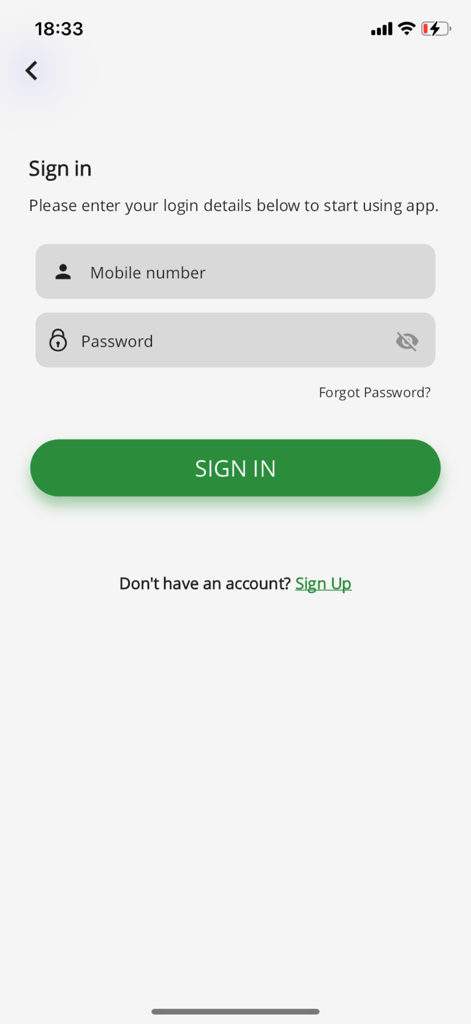 Mkinga Empire - Sign in screen of the Mkinga Empire mobile shopping app featuring mobile number and password fields