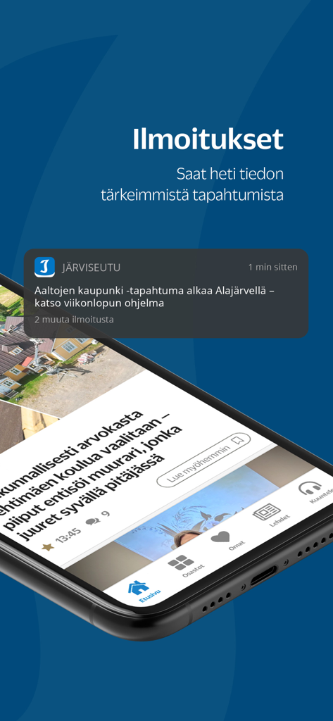Järviseutu - Smartphone displaying the Jarviseutu news app with a push notification for local events