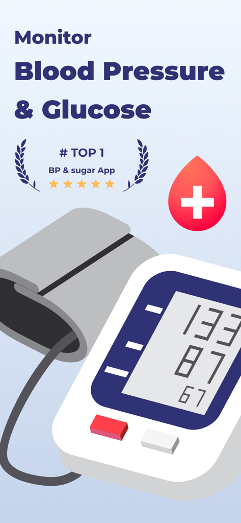 Smart Blood Pressure Monitor - A promotional screen for the Smart Blood Pressure Monitor app highlighting blood pressure and glucose tracking features