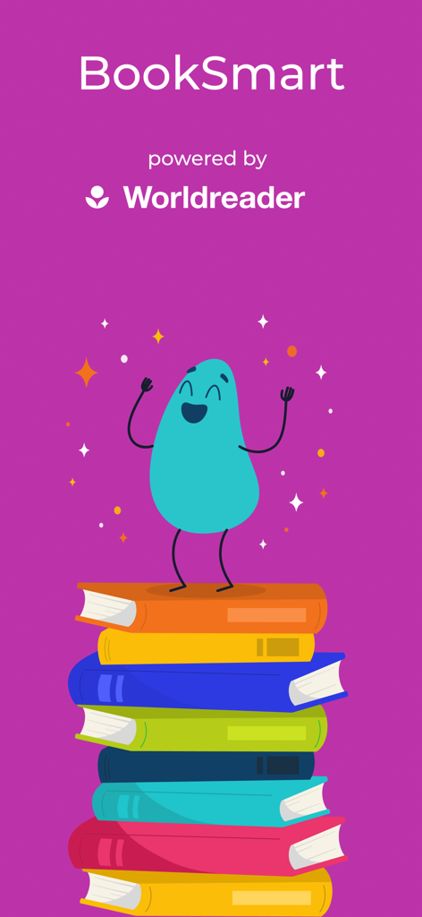 A cheerful cartoon character standing on a stack of books for the BookSmart by Worldreader app.