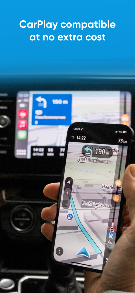 TomTom GO Expert: Truck GPS - TomTom GO Expert LKW-Navigations-App, angezeigt auf einem iPhone und Armaturenbrett eines Fahrzeugs über Apple CarPlay
