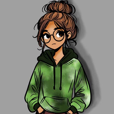 teen girl with a messy bun and glasses wearing a loose hoodie and jeans