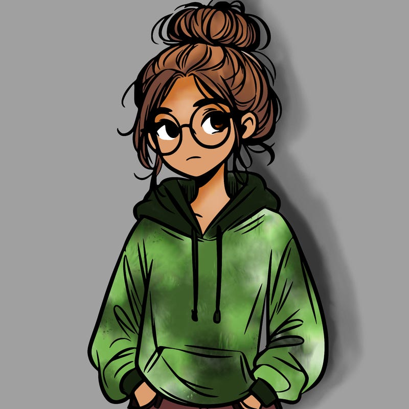teen girl with a messy bun and glasses wearing a loose hoodie and jeans