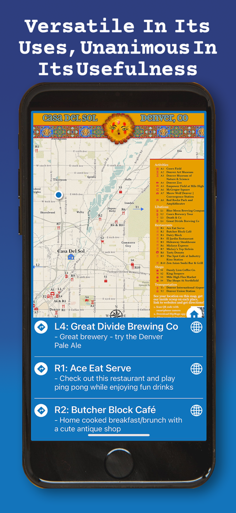 HipMaps - Aplicativo móvel HipMaps exibindo um mapa personalizado curado de Denver com recomendações locais