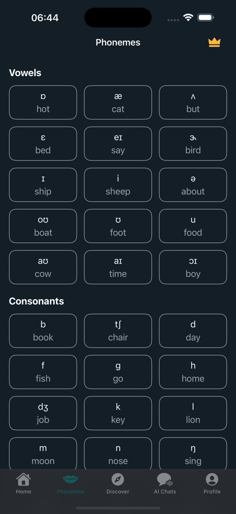 Grid of English vowels and consonants phonemes with example words for American accent practice