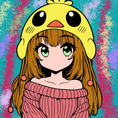 anime girl with chick shaped hat with sweater with bare shoulders with bangs covering them one eye with low tail