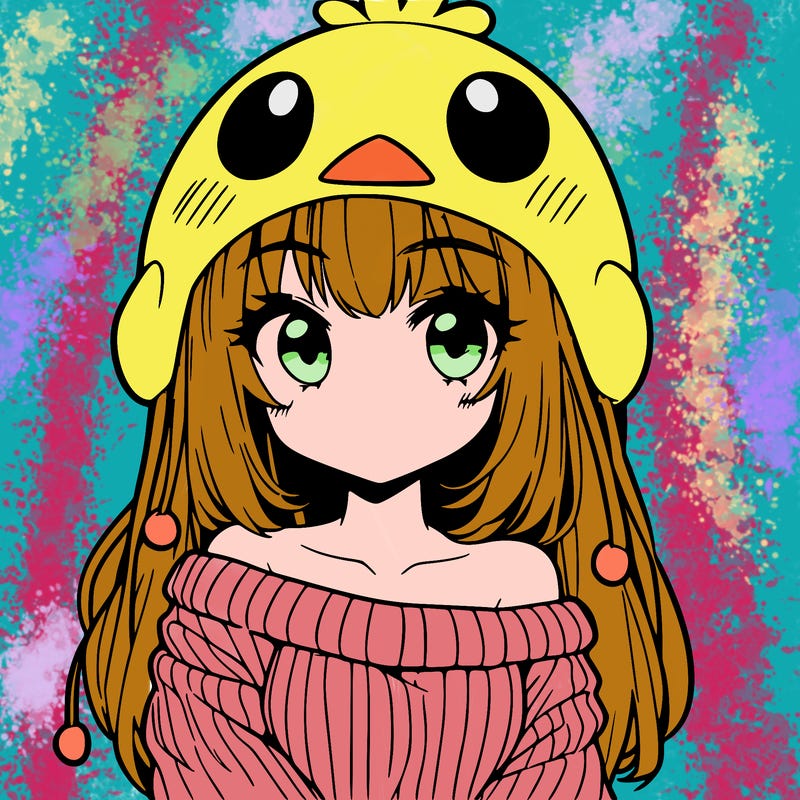 anime girl with chick shaped hat with sweater with bare shoulders with bangs covering them one eye with low tail