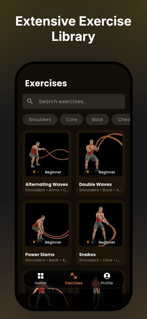 Mobile app screen displaying an extensive library of battle rope exercises with animated beginner demonstrations.